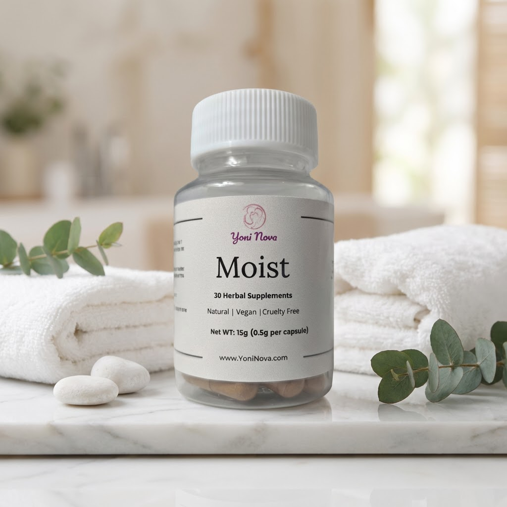 Moist herbal supplement with maca root and slippery elm for women’s wellness support